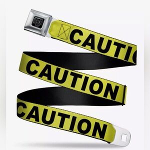 Buckle Down Caution Tape Adult Belt Black Yellow Seatbelt Style Adjustable 24-38